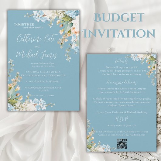 Budget Blue Floral Hydrangea Elegant Wedding Kaart