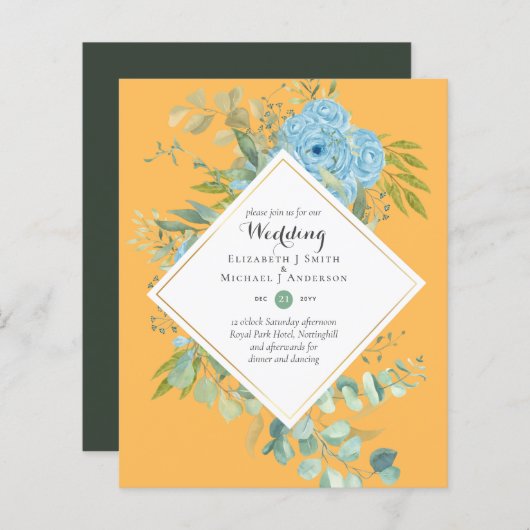 BUDGET Blue Floral Wedding Invitations Eucalyptus (Voorkant / Achterkant)