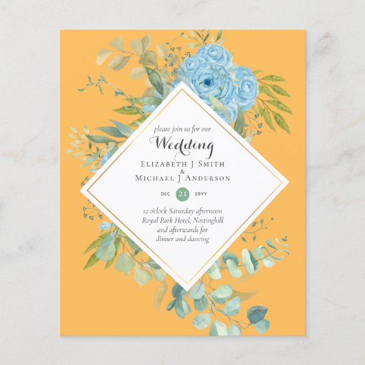 BUDGET Blue Floral Wedding Invitations Eucalyptus (Voorkant)