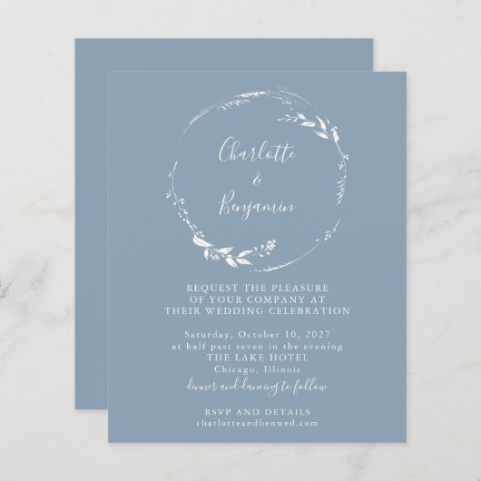 Budget Blue Floral Wreath Script Wedding Invite (Voorkant / Achterkant)