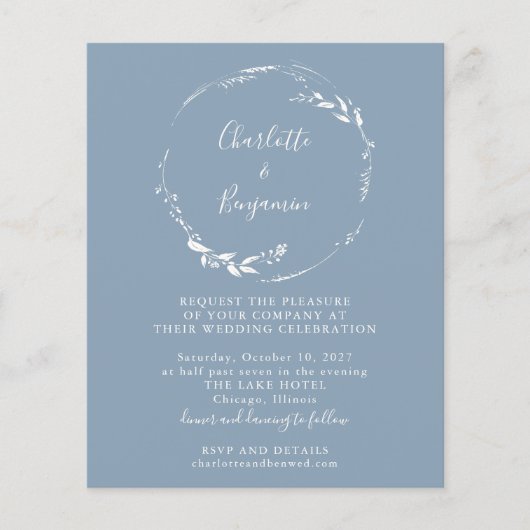 Budget Blue Floral Wreath Script Wedding Invite (Voorkant)
