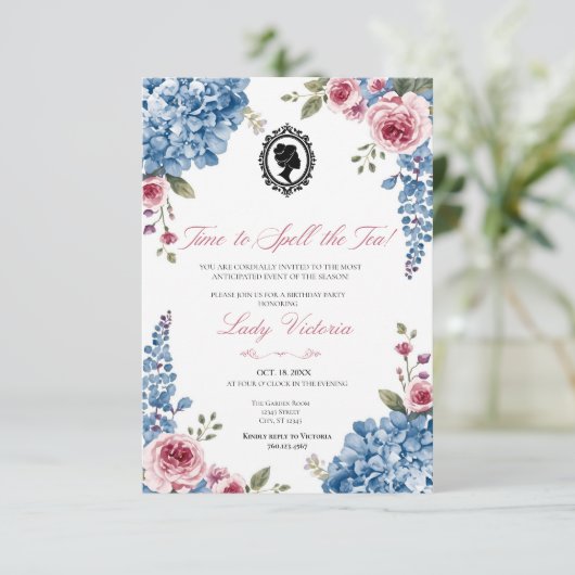 Budget Blue Florals Bridgerton Birthday Party Kaart (Staand voorkant)