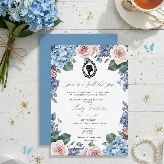 Budget Blue Florals Bridgerton Birthday Party Kaart