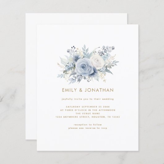 Budget Blue Florals Gouden Tekst QR Bruiloft Uitno (Voorkant / Achterkant)