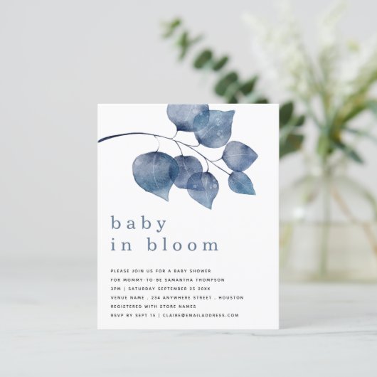 BUDGET Blue Foliage Baby in Bloom Shower Invite (Staand voorkant)