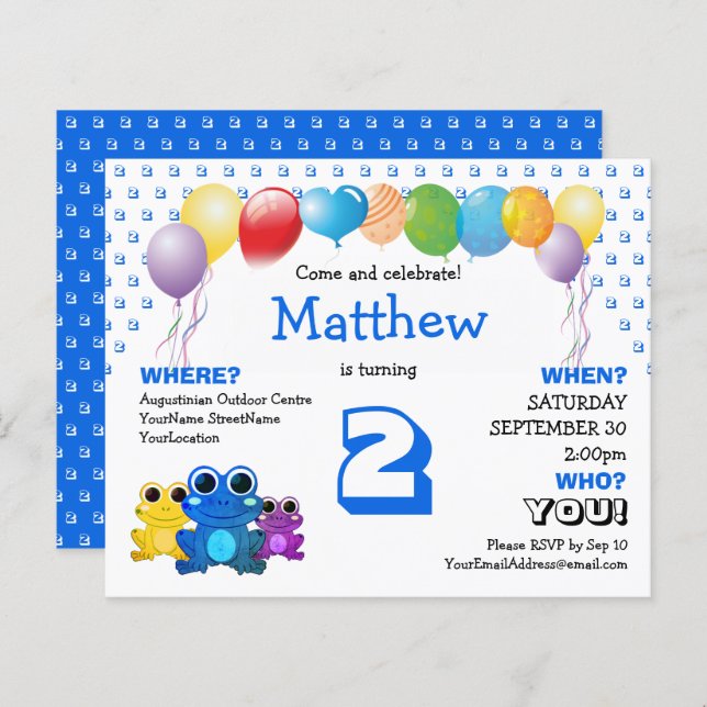 Budget Blue Frog Boys Birthday Invitation (Voorkant / Achterkant)