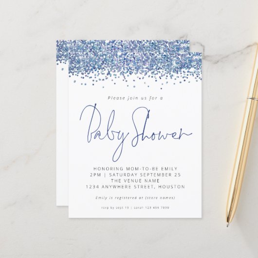 Budget Blue Glitter Baby shower Invitation (Voorkant / Achterkant in situ)