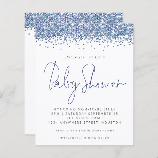 Budget Blue Glitter Baby shower Invitation (Voorkant / Achterkant)