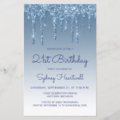 Budget Blue Glitter Drip 21ste Verjaardag Uitnodig (Voorkant)