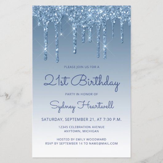 Budget Blue Glitter Drip 21ste Verjaardag Uitnodig (Voorkant)