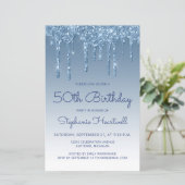 Budget Blue Glitter Drip 50ste Verjaardag Uitnodig (Staand voorkant)