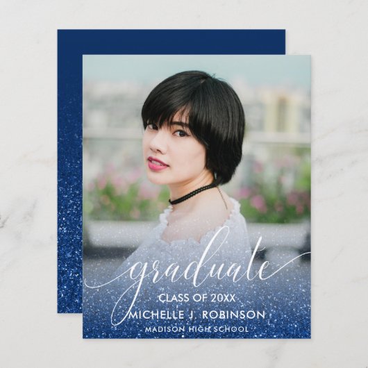 BUDGET BLUE Glitter Ombre Girly Foto Afstuderen (Voorkant / Achterkant)