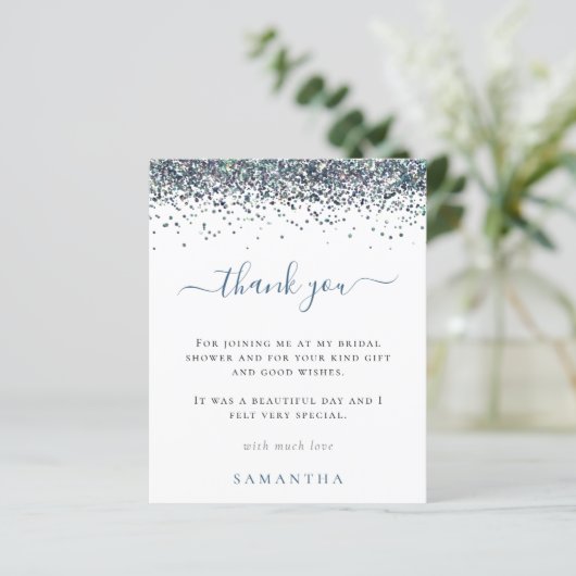 Budget Blue Glitter Photo Vrijgezellenfeest Bedank (Staand voorkant)