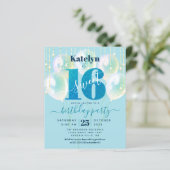 Budget Blue Glitter Sweet 16 Balloons Uitnodiging (Staand voorkant)