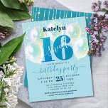 Budget Blue Glitter Sweet 16 Balloons Uitnodiging<br><div class="desc">"Happy Sweet 16". Verstuur deze verbluffende, eenvoudige, feestelijke, moderne, gepersonaliseerde uitnodiging van de begrotingspartij voor een evenement dat u zich herinnert. Vet, grafisch, diep blauwgroen blauw typografie en handgeschreven script bedekken een blauwgroen blauw glitter "16", aqua groene blauwe ballonnen en gouden dunne snaarlichten op een zachte, waterblauwe achtergrond. Pas de...</div>