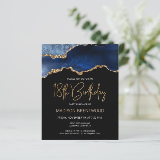 Budget Blue Gold Agate 18th Birthday Invitation (Staand voorkant)