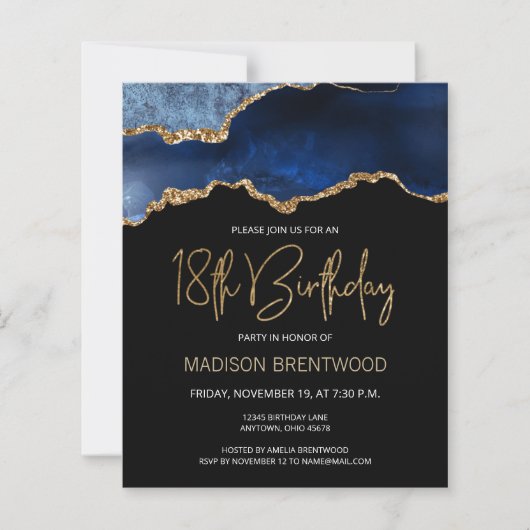 Budget Blue Gold Agate 18th Birthday Invitation (Voorkant)