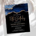 Budget Blue Gold Agate 18th Birthday Invitation<br><div class="desc">Deze trendy 18e verjaardagsuitnodiging kenmerkt een waterverf afbeelding van een agate geode in schaduwen van blauw met faux goudhoogtepunten. De woorden "18th Birthday" staan in faux goudglitter in het decoratieve moderne handschrift. Pas het met de naam van de eer in gouden gekleurde teksten en de details in wit aan. Aan...</div>