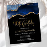 Budget Blue Gold Agate 40th Birthday Invitation<br><div class="desc">Deze trendy 40ste verjaardagsuitnodiging bevat een waterverf afbeelding van een geo van een geagaat in tinten blauw met faux goudhoogtepunten. De woorden "40th Birthday" staan in faux goudglitter in decoratief modern handschrift. Pas het met de naam van de eer in gouden gekleurde teksten en de details in wit aan. Aan...</div>