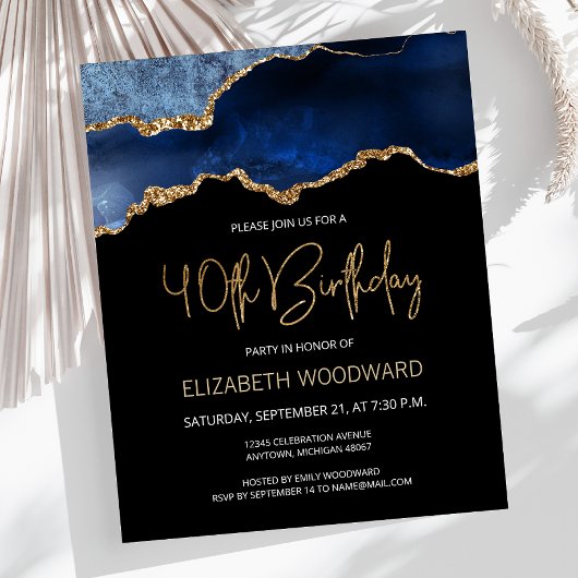 Budget Blue Gold Agate 40th Birthday Invitation