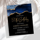 Budget Blue Gold Agate 50th Birthday Invitation