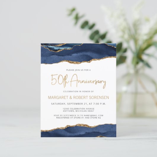 Budget Blue Gold Agate 50th Jubileum Invitation (Staand voorkant)