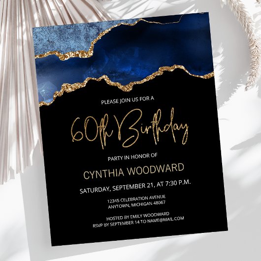 Budget Blue Gold Agate 60th Birthday Invitation