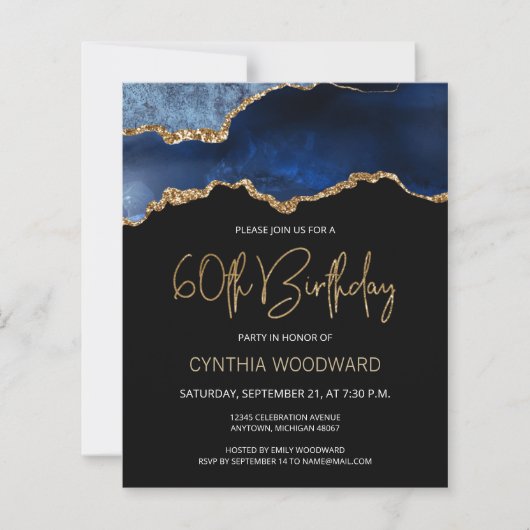 Budget Blue Gold Agate 60th Birthday Invitation (Voorkant)