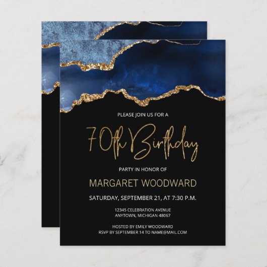 Budget Blue Gold Agate 70th Birthday Invitation (Voorkant / Achterkant)