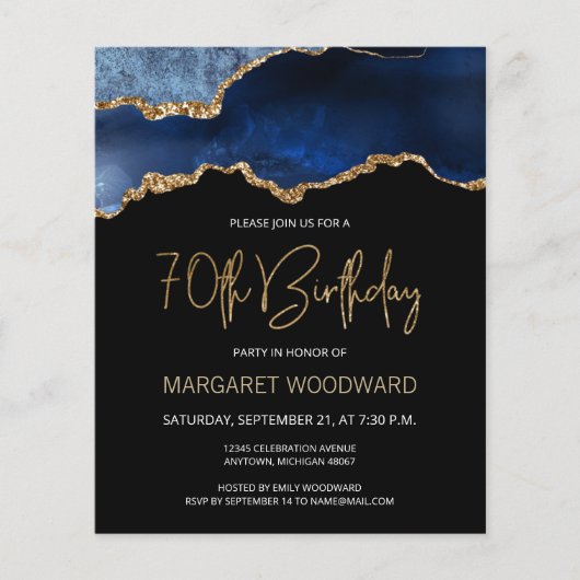 Budget Blue Gold Agate 70th Birthday Invitation (Voorkant)