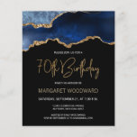 Budget Blue Gold Agate 70th Birthday Invitation<br><div class="desc">Deze trendy 70ste verjaardagsuitnodiging bevat een waterverf afbeelding van een geo van een geel in tinten blauw met faux goudhoogtepunten. De woorden "70th Birthday" staan in faux goudglitter in decoratief modern handschrift. Pas het met de naam van de eer in gouden gekleurde teksten en de details in wit aan. Aan...</div>