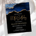 Budget Blue Gold Agate 80th Birthday Invitation<br><div class="desc">Deze trendy 80ste verjaardagsuitnodiging bevat een waterverf afbeelding van een geo van een agaat in tinten blauw met faux goudhoogtepunten. De woorden "80th Birthday" staan in faux goudglitter in decoratief modern handschrift. Pas het met de naam van de eer in gouden gekleurde teksten en de details in wit aan. Aan...</div>