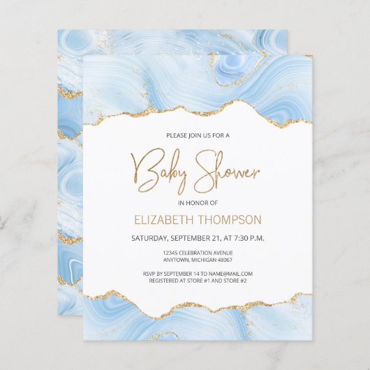 Budget Blue Gold Agate Boy Baby shower Uitnodiging (Voorkant / Achterkant)