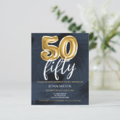 BUDGET Blue, Gold Balloon 50th Birthday Invitation (Staand voorkant)