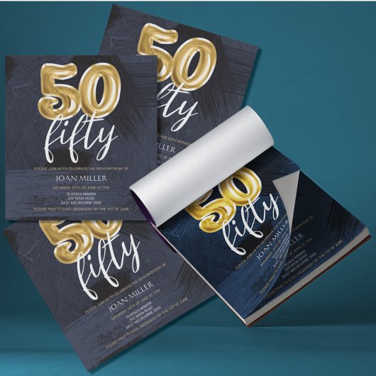 BUDGET Blue, Gold Balloon 50th Birthday Invitation Notitieblok