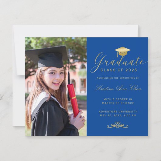 Budget Blue Gold Formal Script Photo Afstuderen (Voorkant)