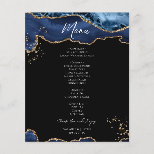 Budget Blue Gold Glitter Marble Wedding Menu (Voorkant)