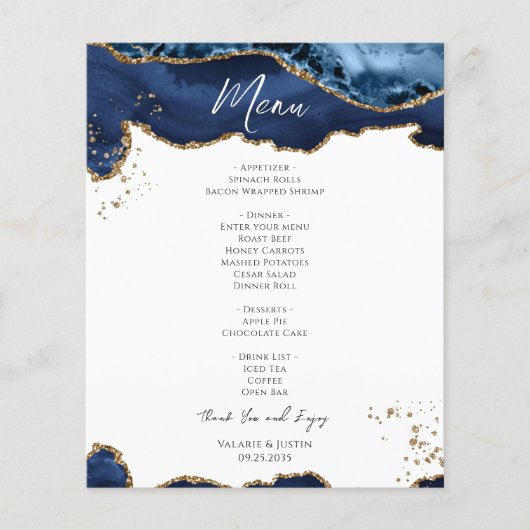 Budget Blue Gold Glitter Marble Wedding Menu Flyer (Voorkant)