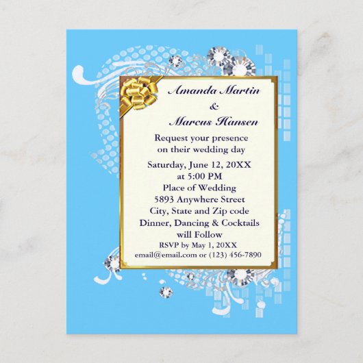 Budget Blue & Gold Lijst & Diamonds Afbeelding Wed Briefkaart (Voorkant)