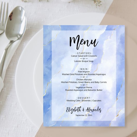 Budget Blue Gold Marble Wedding Menu