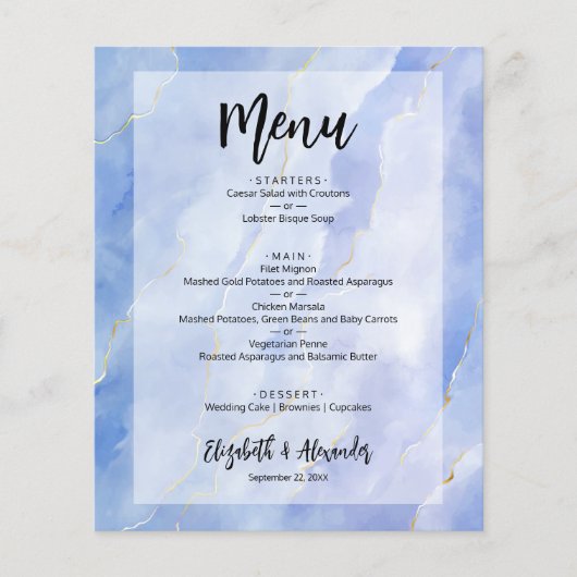 Budget Blue Gold Marble Wedding Menu (Voorkant)