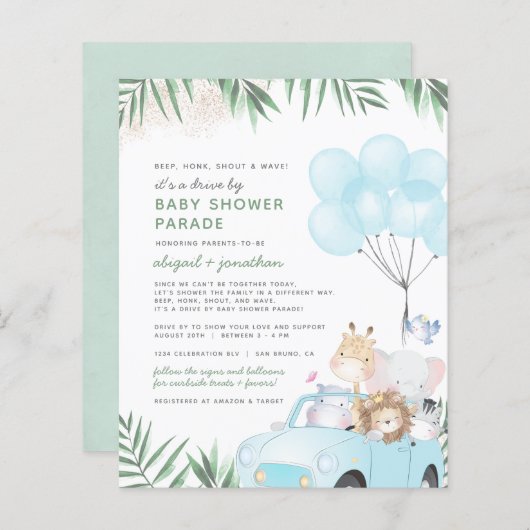 Budget Blue Gold Safari drive by Boy Baby shower (Voorkant / Achterkant)