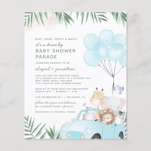 Budget Blue Gold Safari drive by Boy Baby shower (Voorkant)