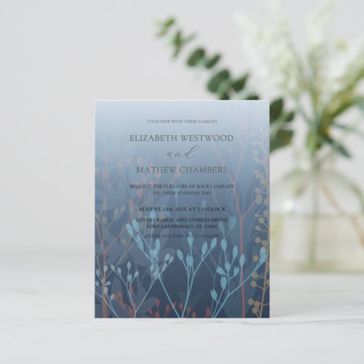 Budget Blue Grasses & Foliage Weduwen Uitnodiging (Staand voorkant)
