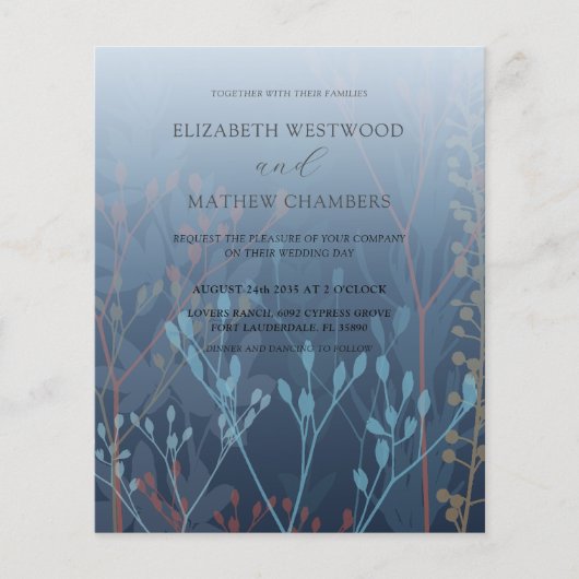 Budget Blue Grasses & Foliage Weduwen Uitnodiging (Voorkant)