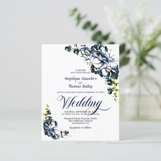Budget Blue Gray Floral Wedding Invitation (Staand voorkant)