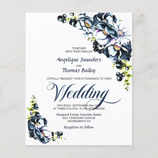 Budget Blue Gray Floral Wedding Invitation (Voorkant)