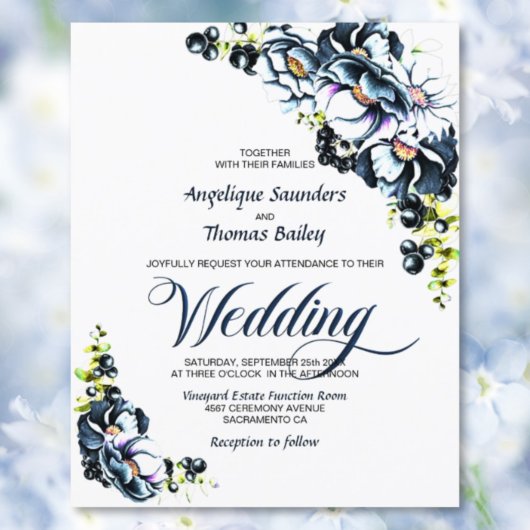 Budget Blue Gray Floral Wedding Invitation