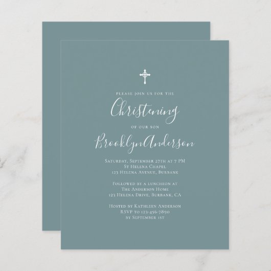 Budget Blue Green Christening Uitnodiging (Voorkant / Achterkant)