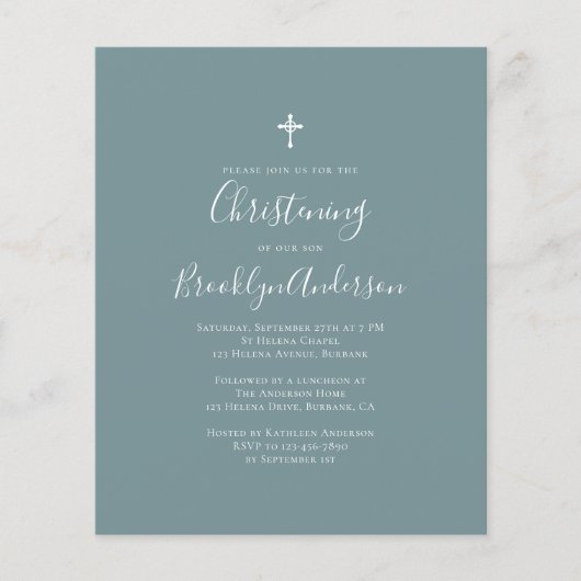 Budget Blue Green Christening Uitnodiging (Voorkant)